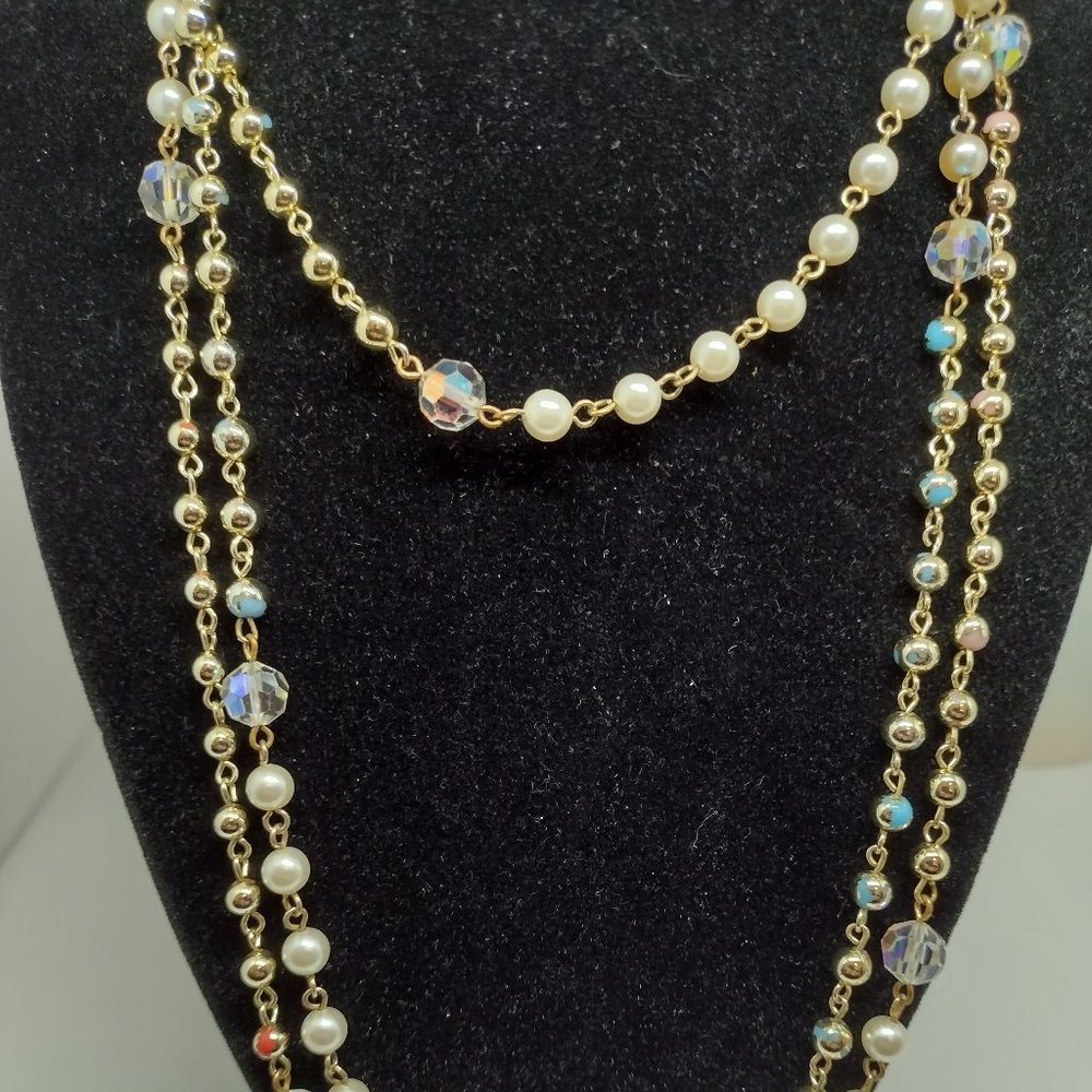 Pearls,  AB Beads, Gold Beads With Pink and Blue, Goldtone Connection Chain